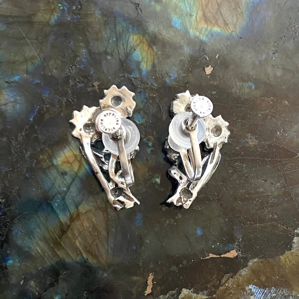 VTG Sterling Silver 925 Marcasite Flower Floral Dainty Screwback Earrings - Picture 10 of 12